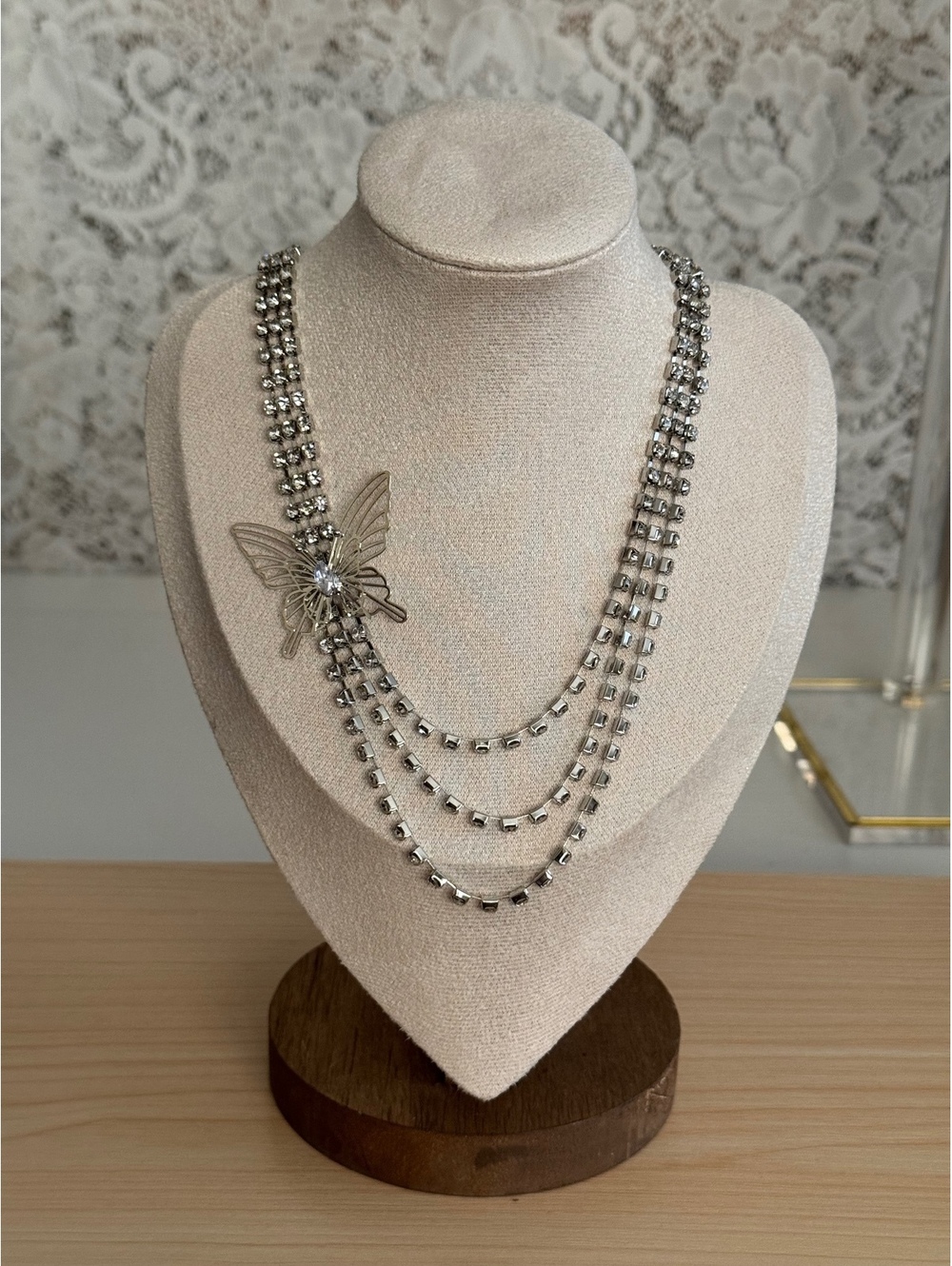 Silver Tone Rhinestone Butterfly Multi Strand Statement Necklace